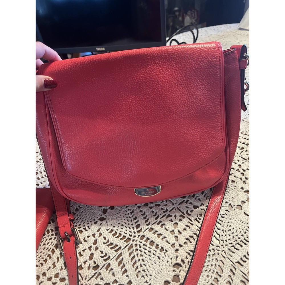 Kate Spade Red Pebbled Leather Crossbody Bag w/ Handle Adj Strap Snap W/Wallet